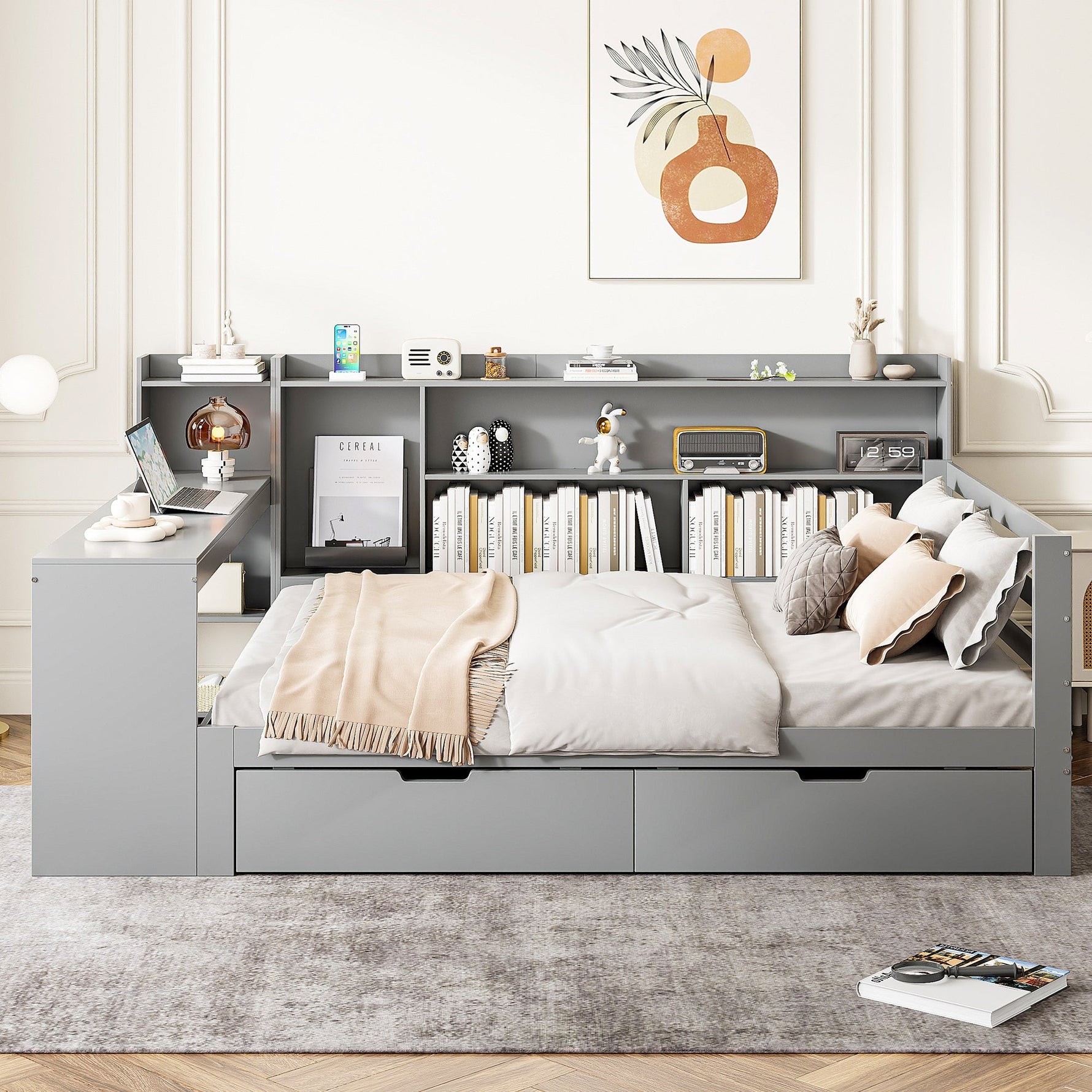 Sofa Bed, Multifunctional 140x200cm with Desk Storage & Power Outlet, Solid Wood Grey