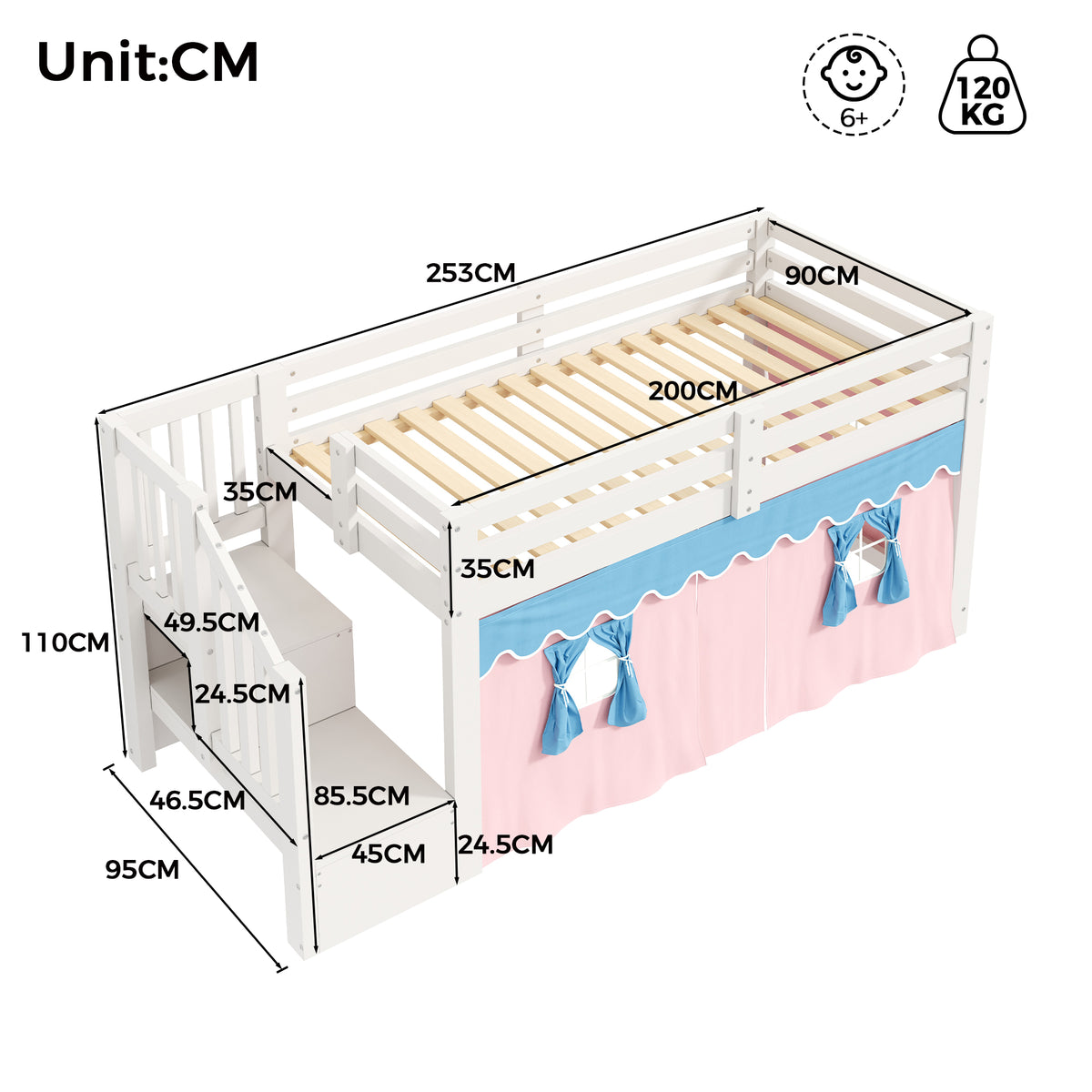 Mid-Height Bed 90x200cm with LED Light & Curtains, White Pine