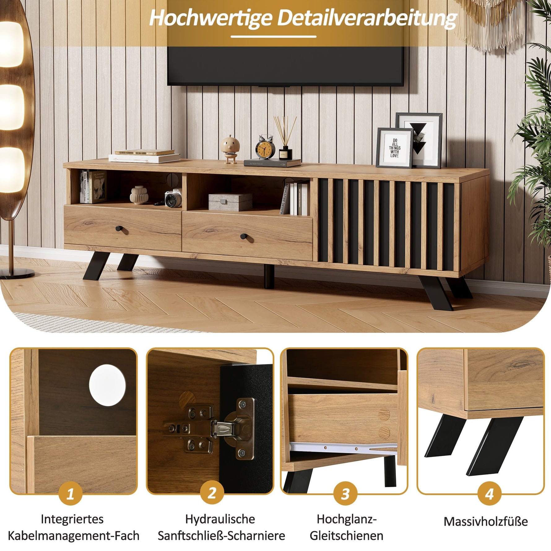 TV Cabinet 150cm with 2 Drawers, Lowboard for 60-inch TV, Wood Color