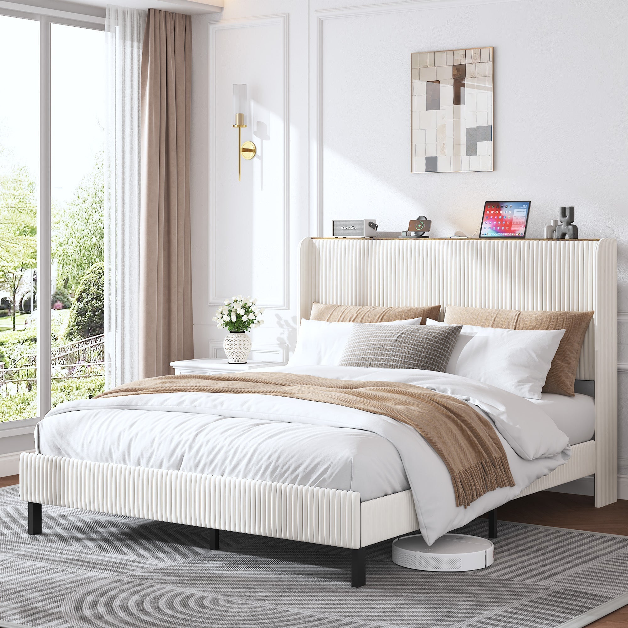 Bed Frame 160x200 Upholstered Platform Wing Edge Design Metal Slats Fabric