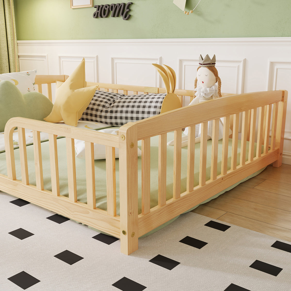 Floor Bed 140x200cm with Safety Railings, Natural Pine Wood