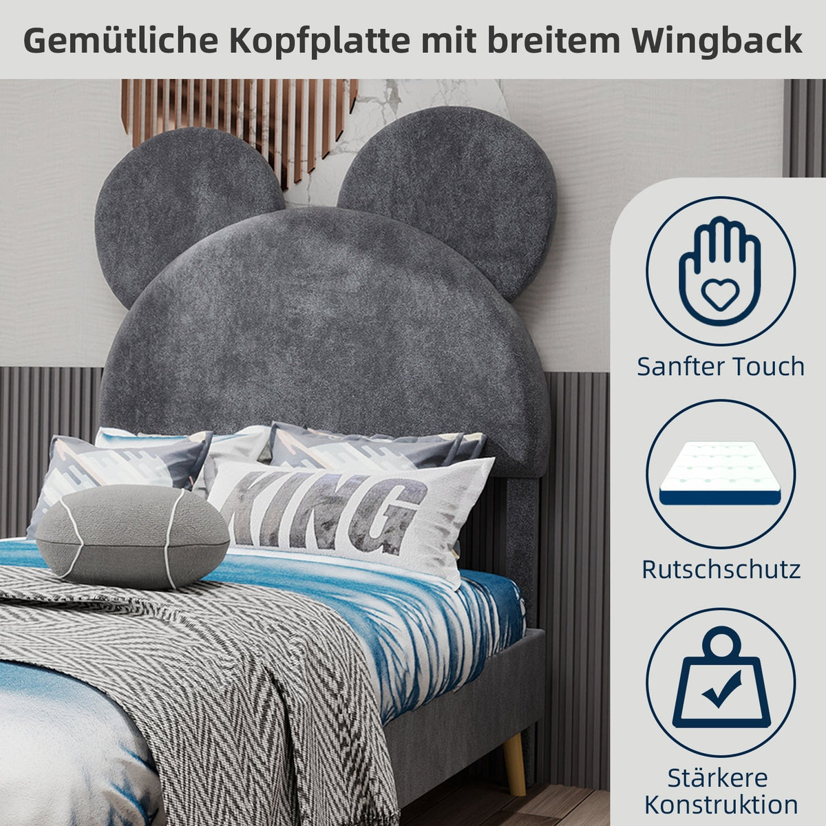 Bed, Upholstered with Cartoon Headboard, Low-Profile Non-Storage, Grey