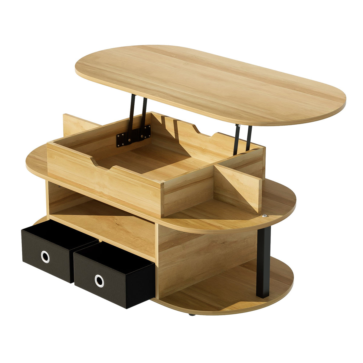 Modern Wood Grain Coffee Table with Lifting Function, Storage, and Black Fabric Drawers