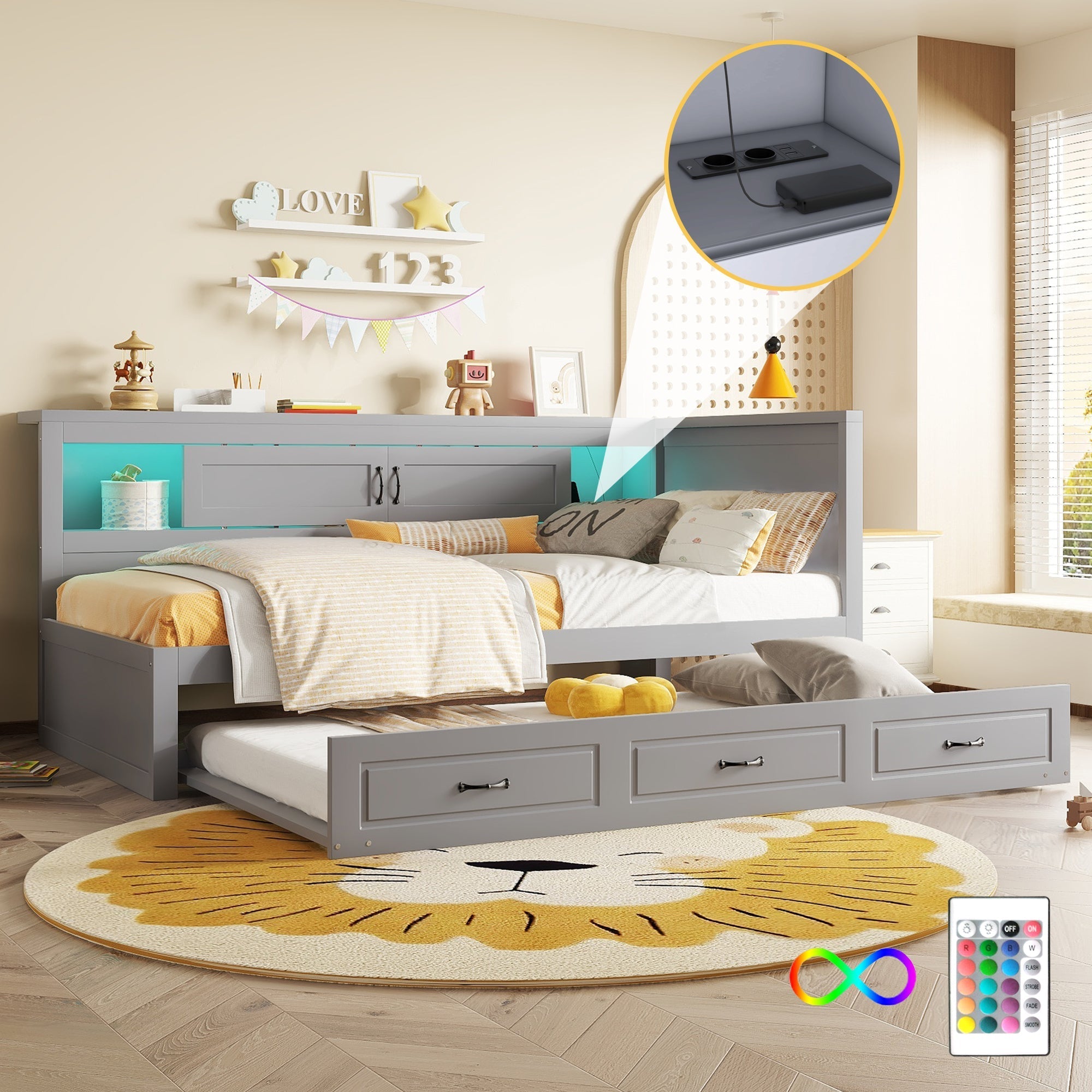 Sofa Bed Daybed 90x200cm Pull-out Bed LED Storage USB Outlet - Grey