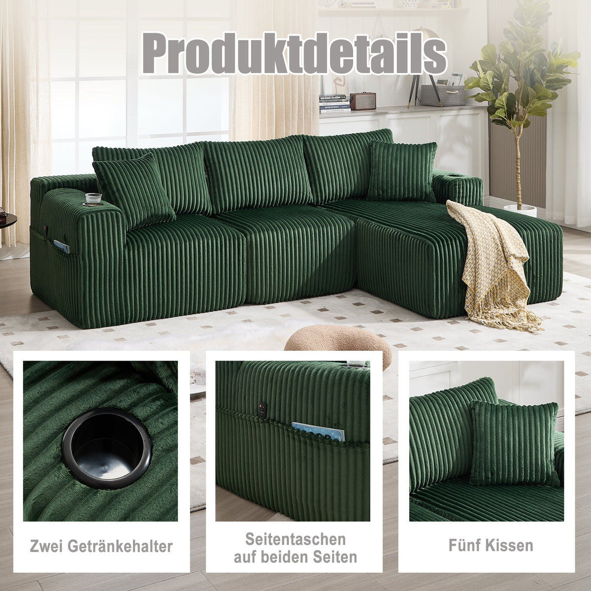 Modular Sofa Set Chaise Longue 2-Seater Side Pockets Drink Holders DIY - Corduroy