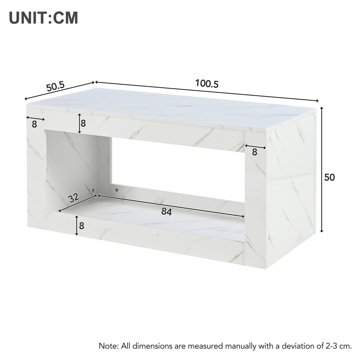LED Coffee Table High-Gloss Remote Control Marble Print - White