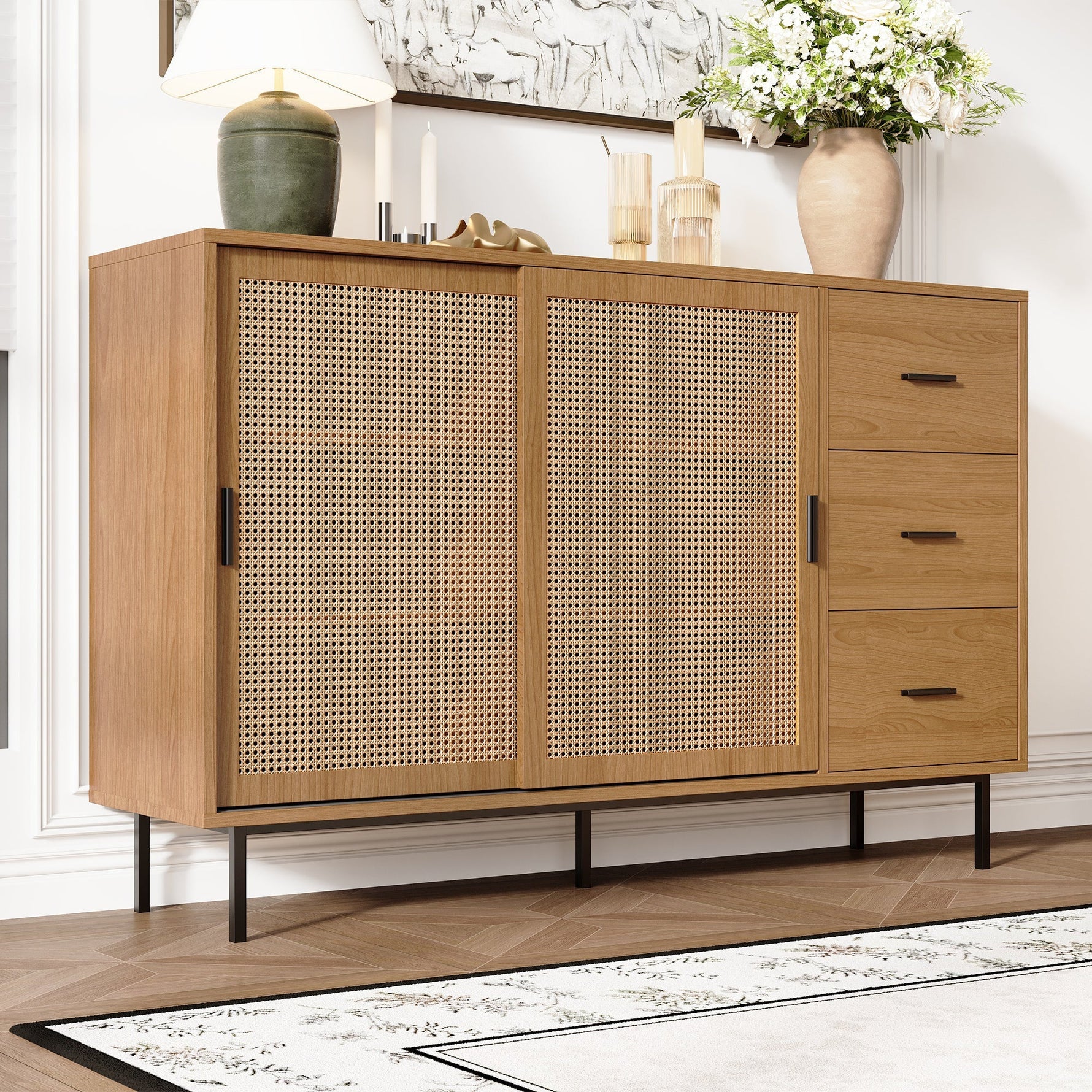 Country-style sideboard with two sliding doors and three drawers, adjustable shelves, in wood.