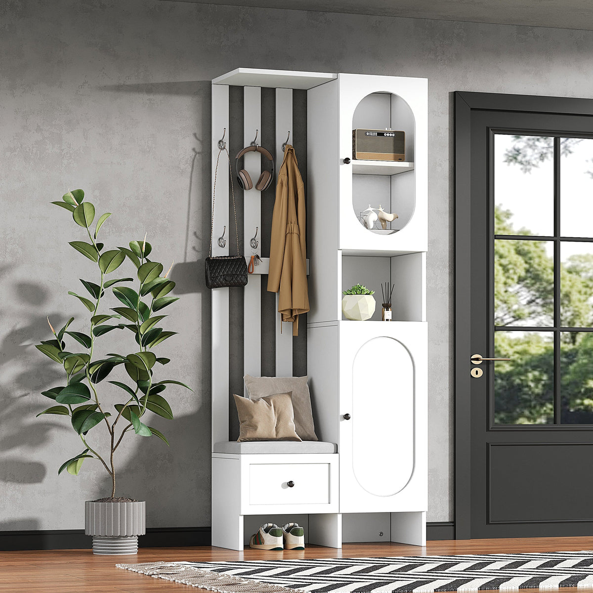 Compact Wardrobe Set with 2 Cabinets, Tempered Glass, Shoe Bench & Cushion, White