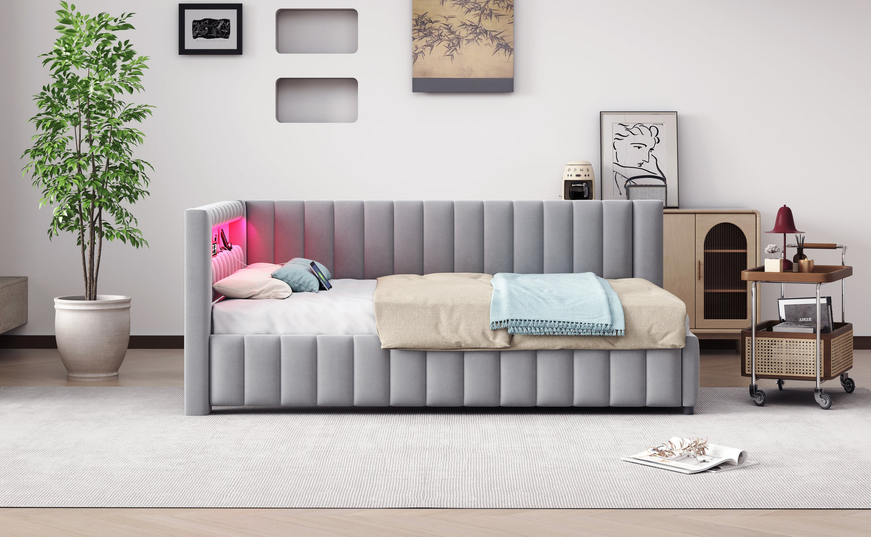 Sofa bed 140x200, LED light USB port, velvet grey