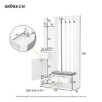 Hallway coat rack with padded storage bench and pegboard, with 4 hooks, white