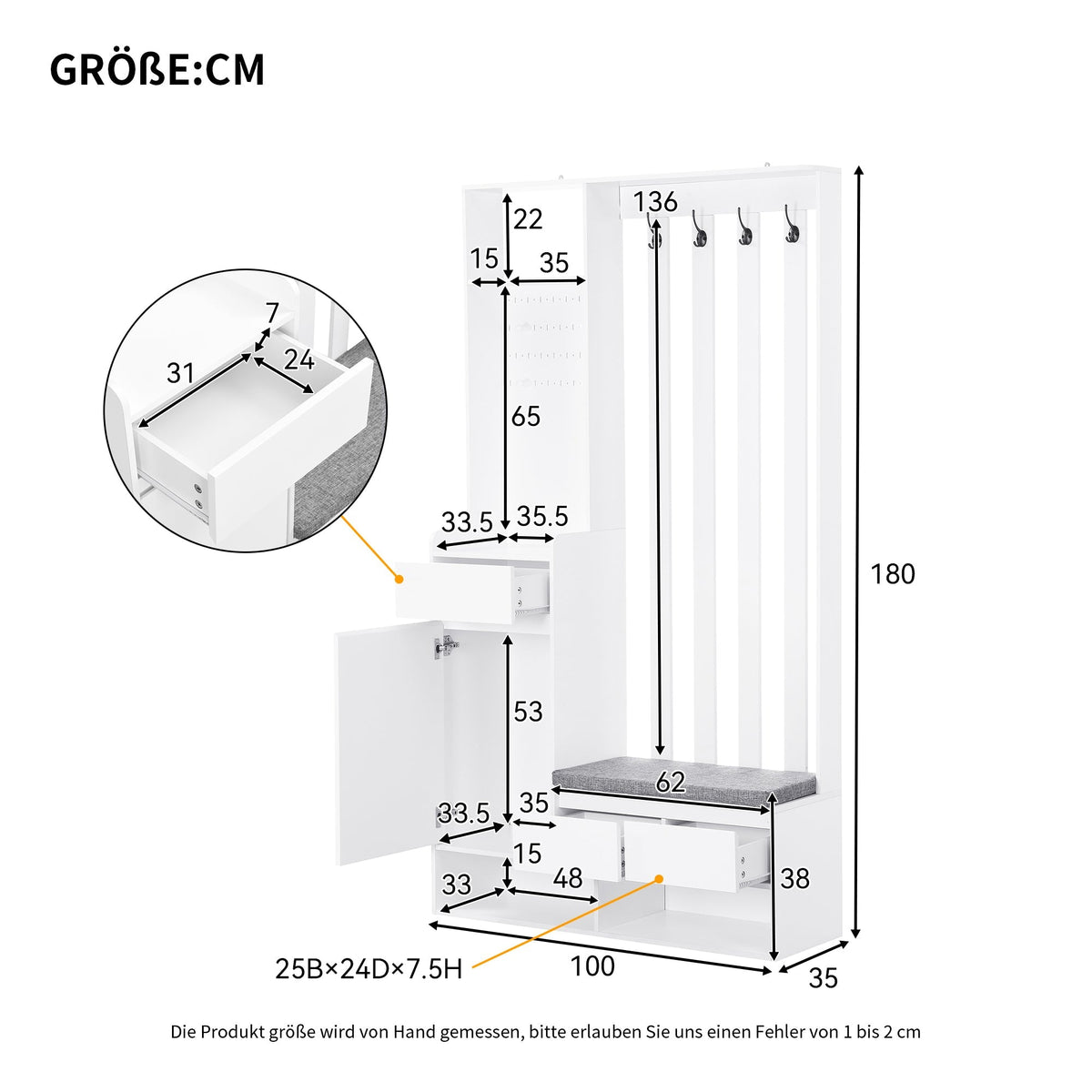 Hallway coat rack with padded storage bench and pegboard, with 4 hooks, white
