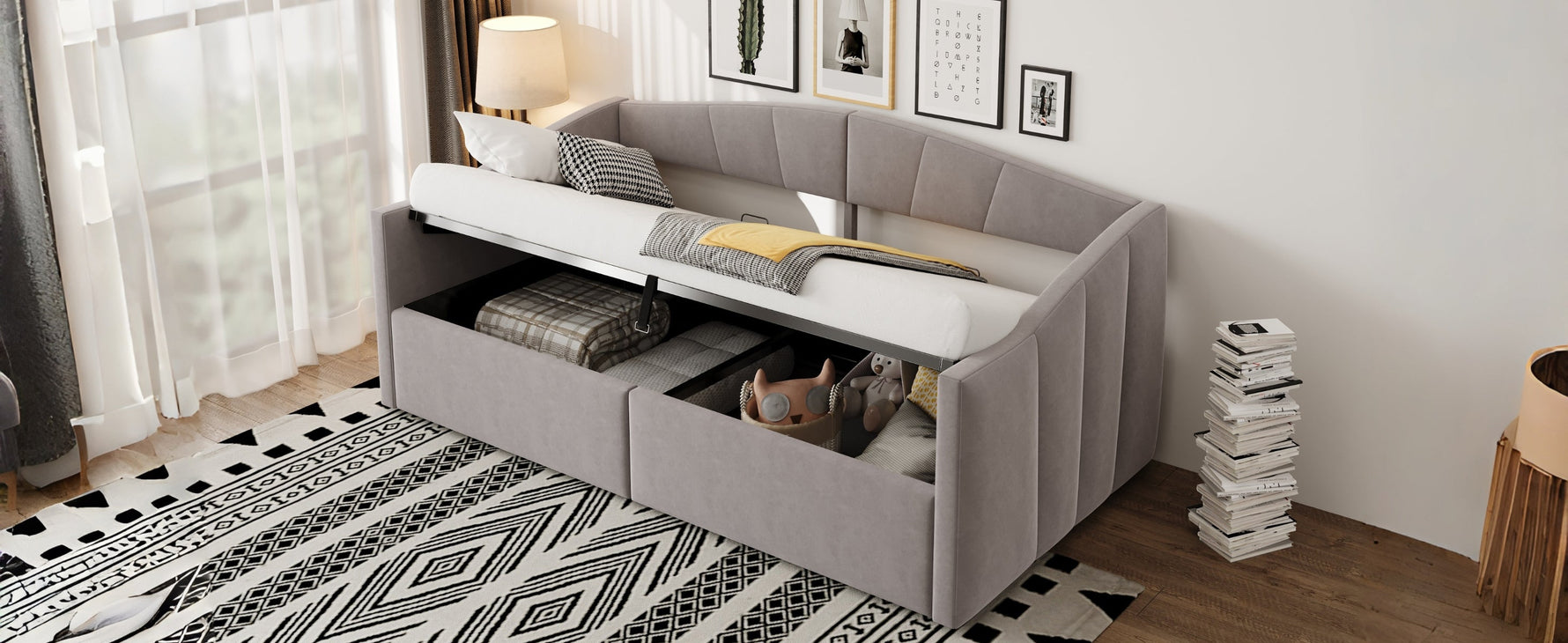 Upholstered Sofa Bed 90x200cm Hydraulic Storage Multifunctional Striped with Armrests Velvet Light Grey