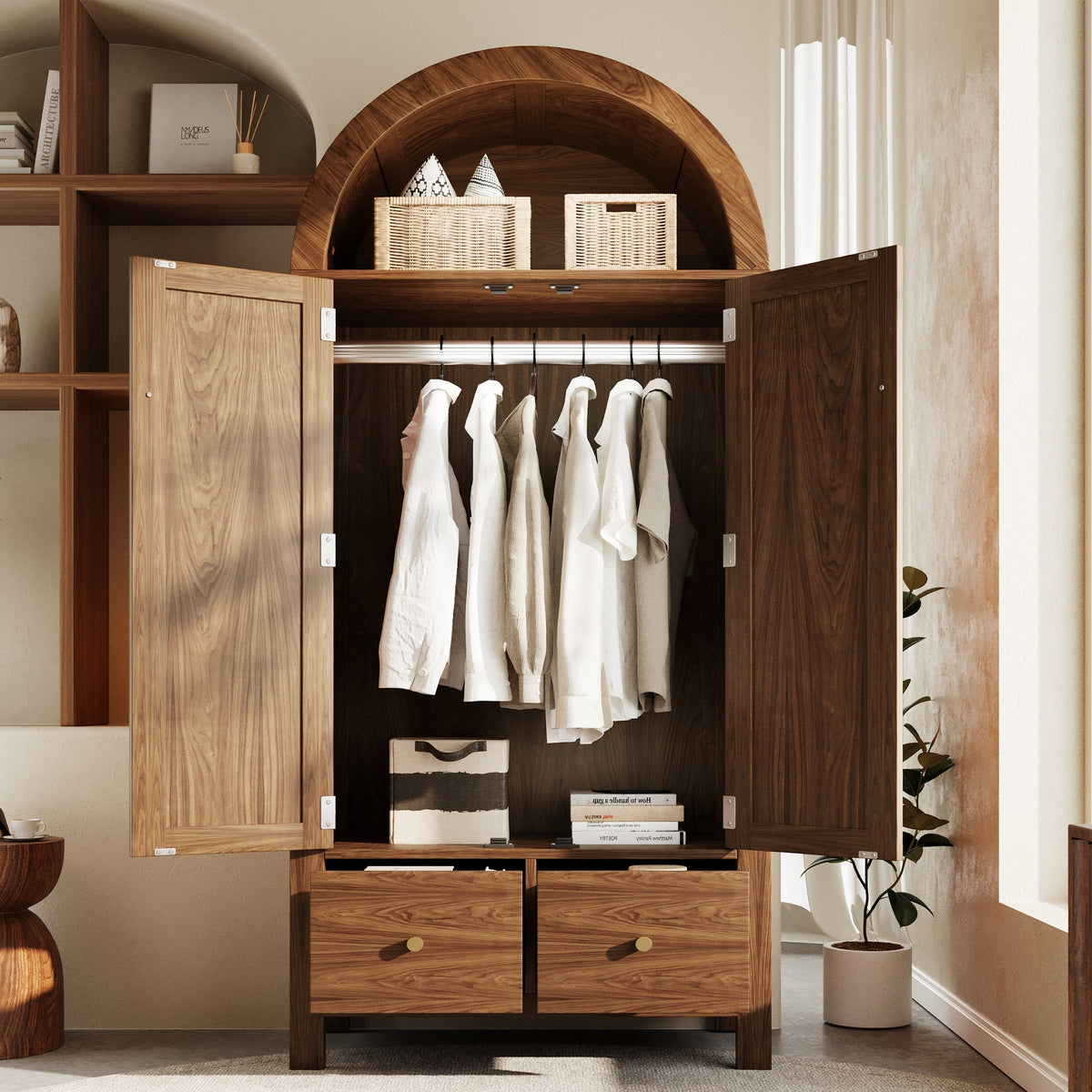 Wardrobe with Rattan Weave and 2 Drawers, Walnut Look