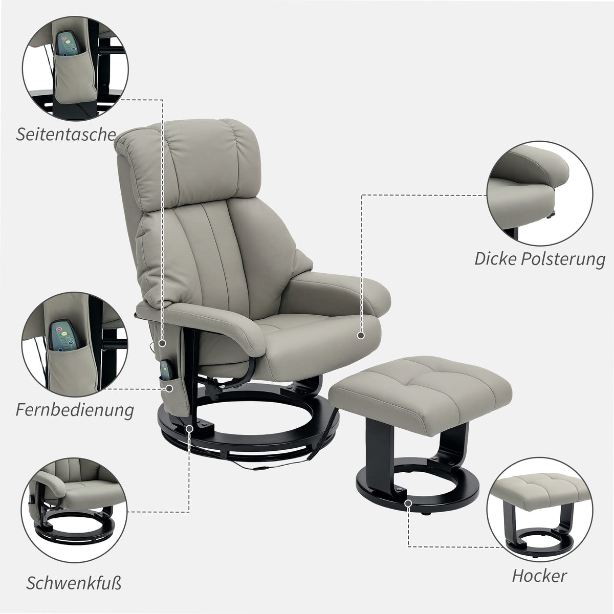 Reclining Armchair with Footstool, Electric Massage Function, Remote Control, Faux Leather Grey
