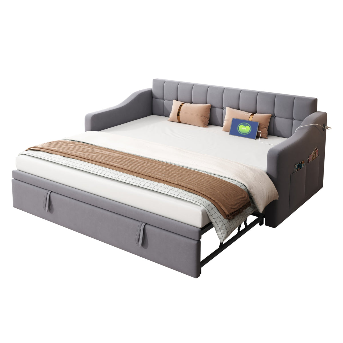 Upholstered Bed Sofa, 2-in-1 Multifunctional with Socket & Storage, Gray Velvet
