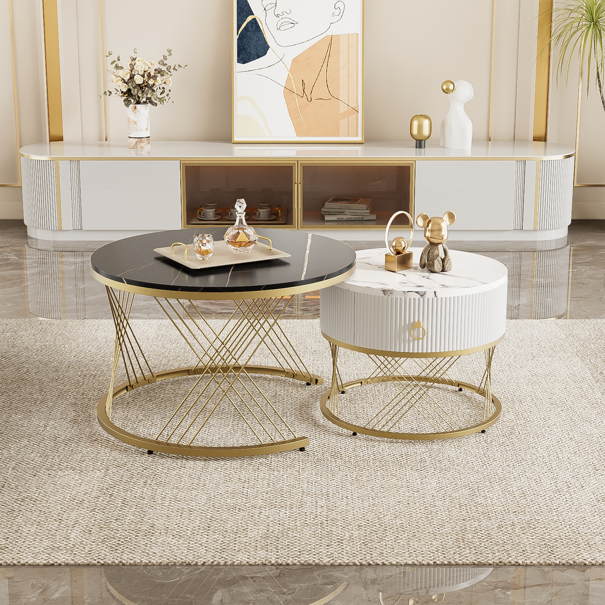 Modular Coffee Table Set of 2, Drawers Marble Look, Gold Decor