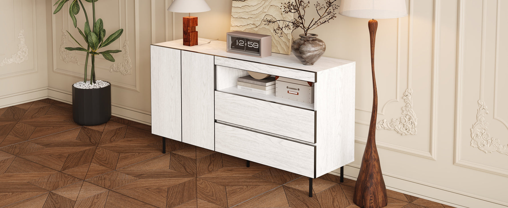 Minimalist Sideboard with Double Doors, Double Drawers and Open Shelves, White MDF