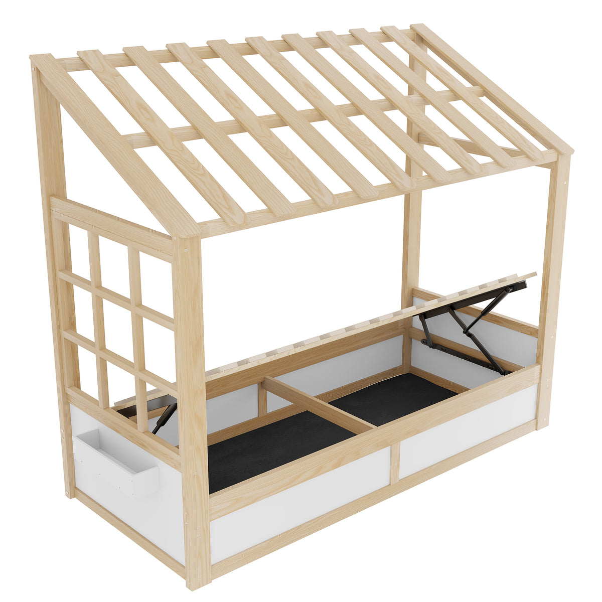 Kids Country Bed 90x200cm with Storage & Roof, Wood & White
