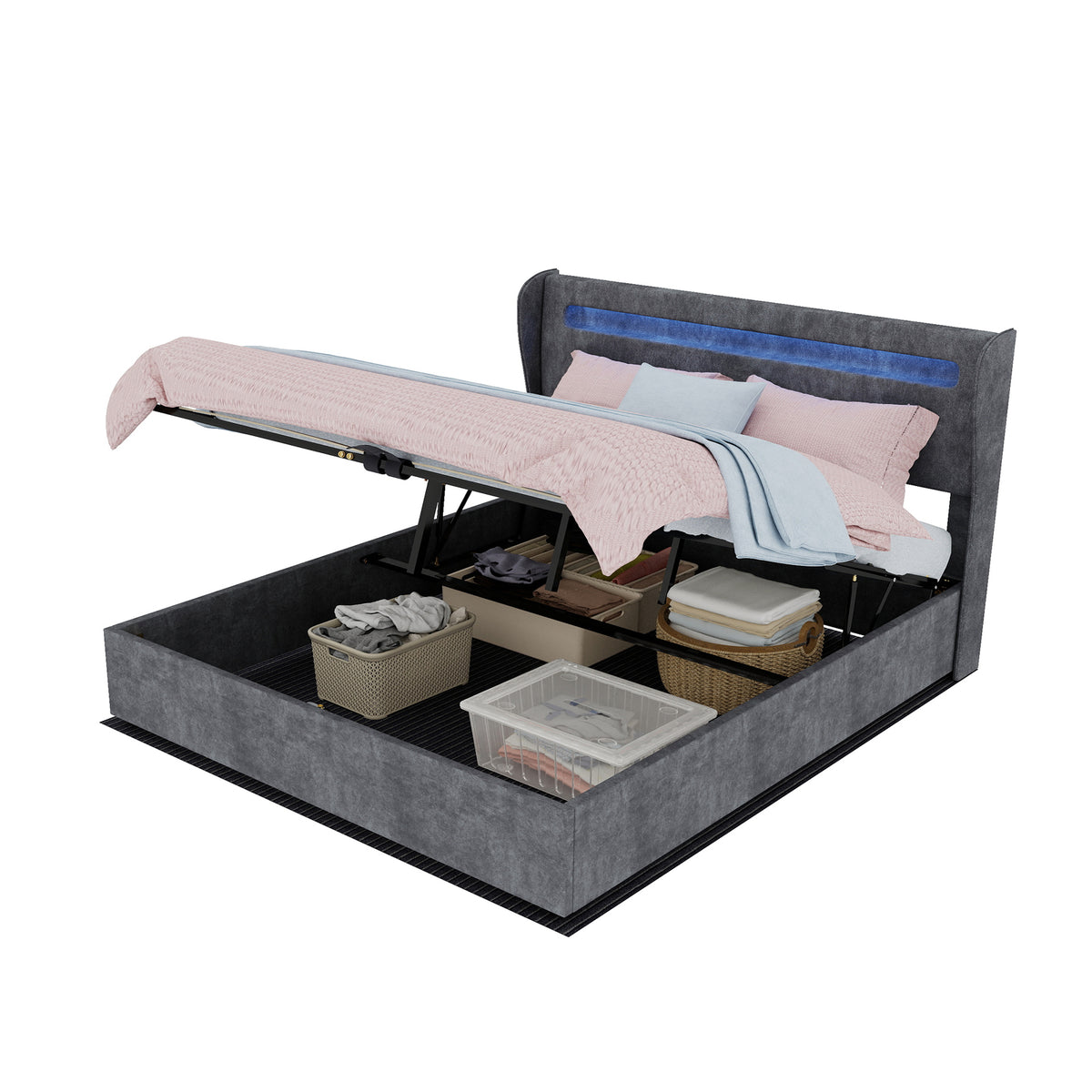 Upholstered Bed 160x200cm with LED Headboard & Storage, Grey