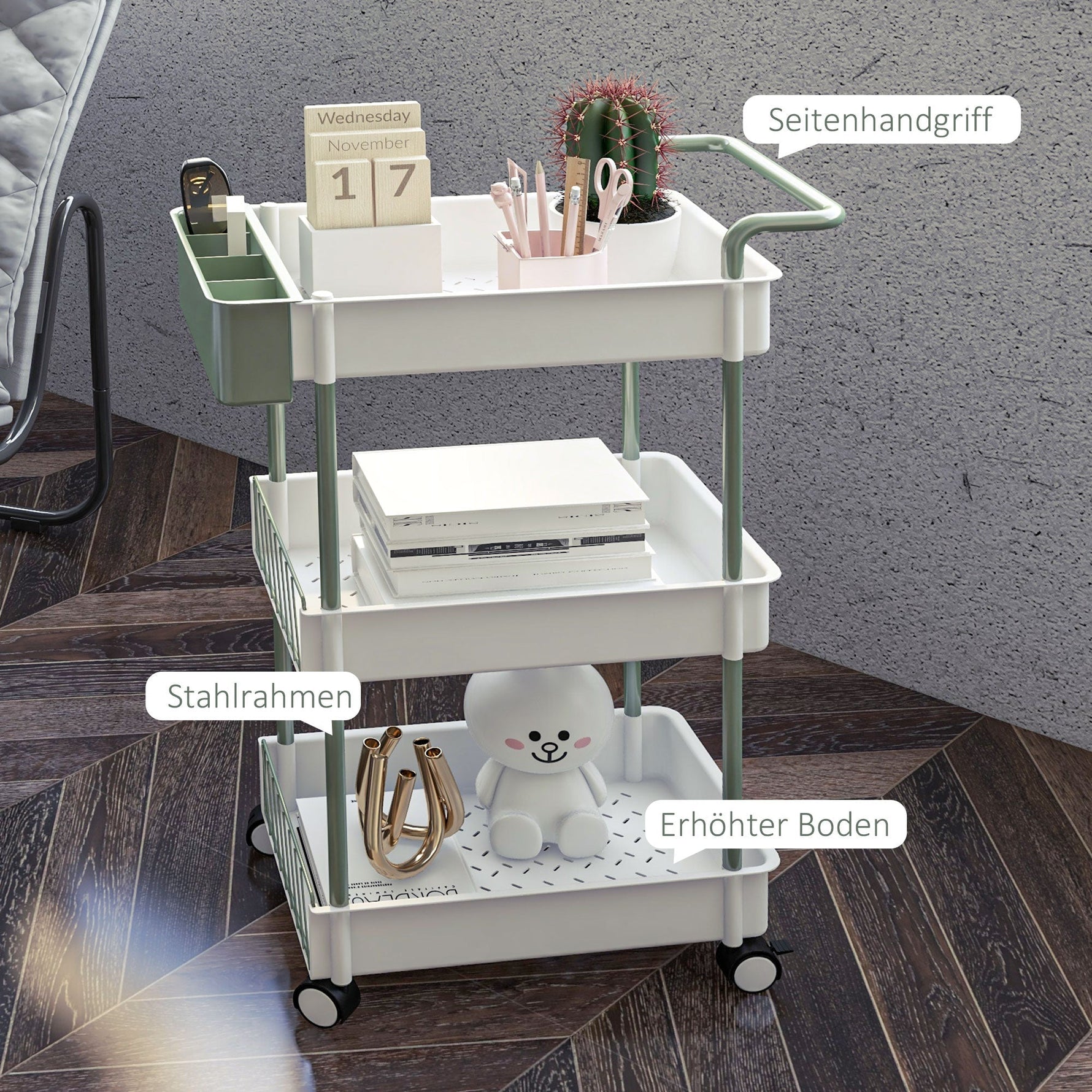 Rolling Serving Cart, 3 Tier Hanging Basket, Steel White