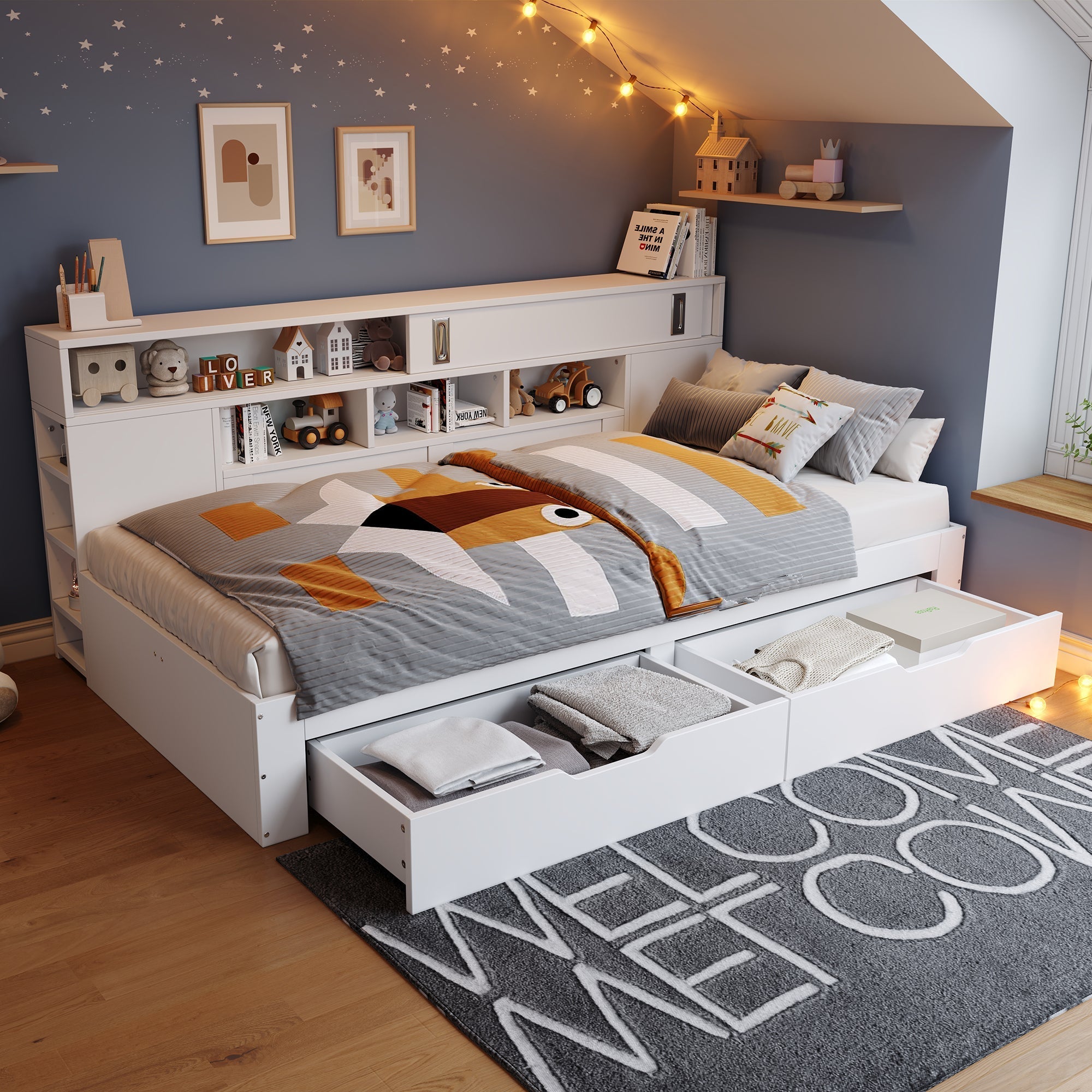 Daybed Single Bed 90x200cm Multifunctional Drawers Bookshelf Storage - White