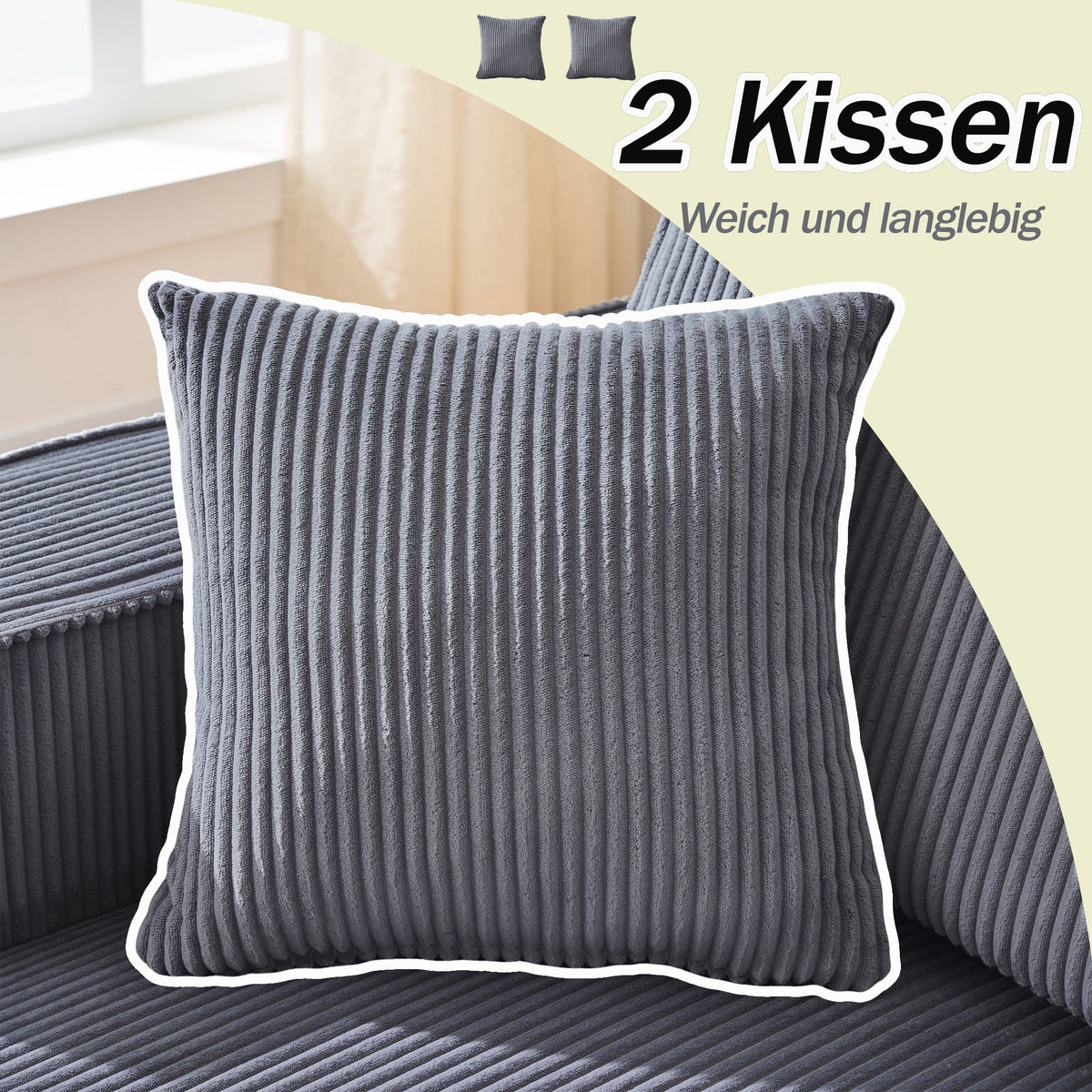 L-Shaped Modular Corner Sofa with Chaise Longue and High-Density Foam, Grey Corduroy