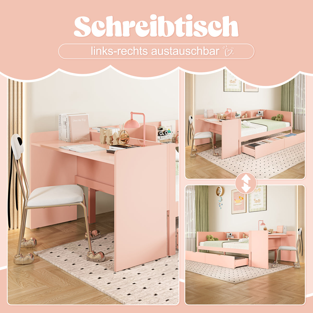 Wooden Single Bed 90x200 with Desk, Drawers & Shelves, Pink