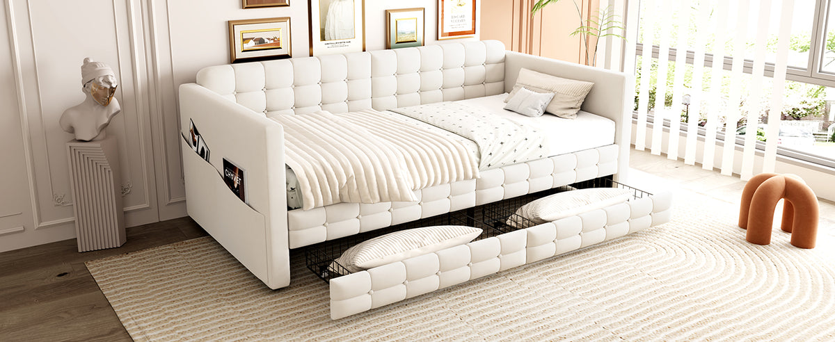 Upholstered Sofa Bed 90x190 with Storage & Drawers in Beige Velvet