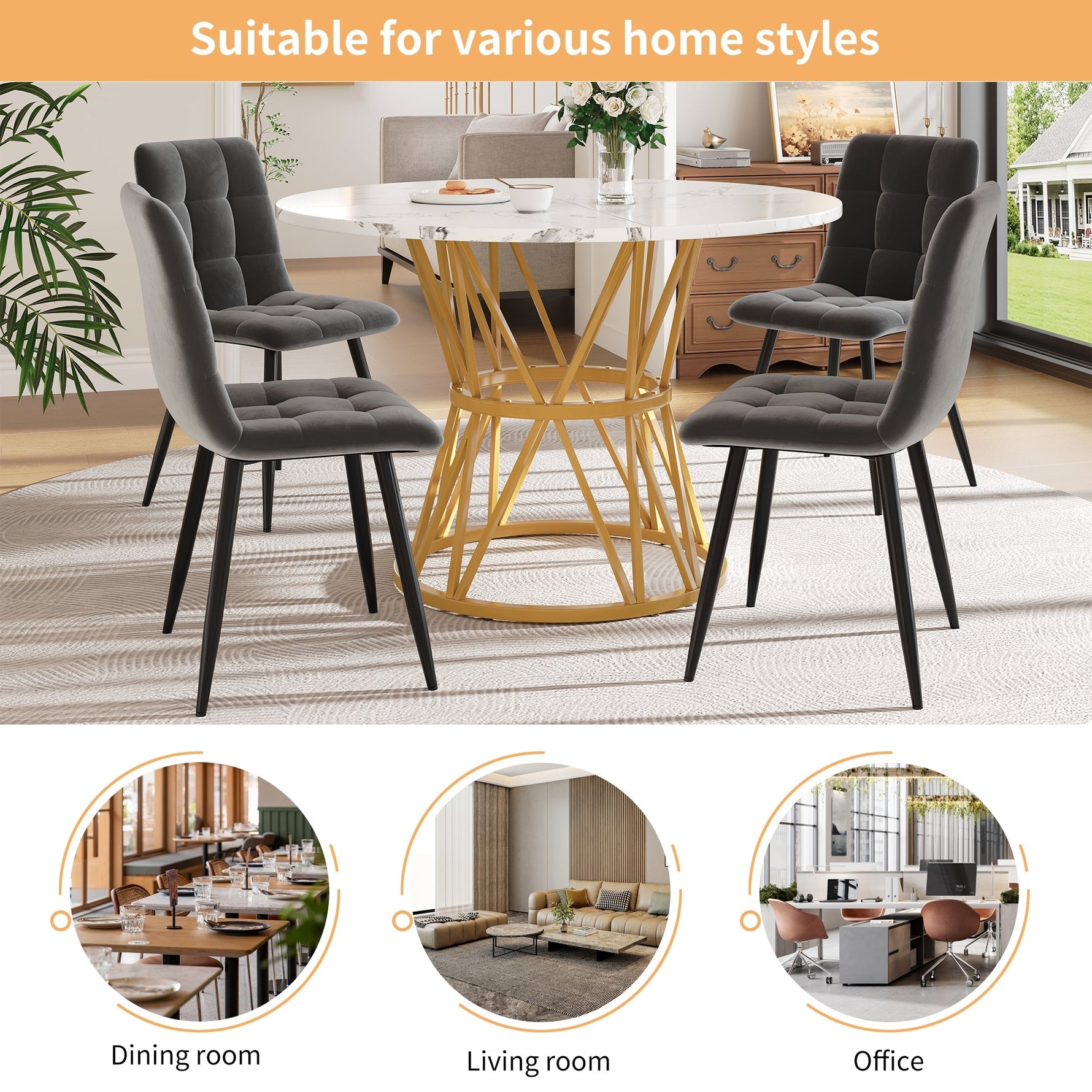 Round Dining Table 100cm 4-Seater MDF Marble Top Gold