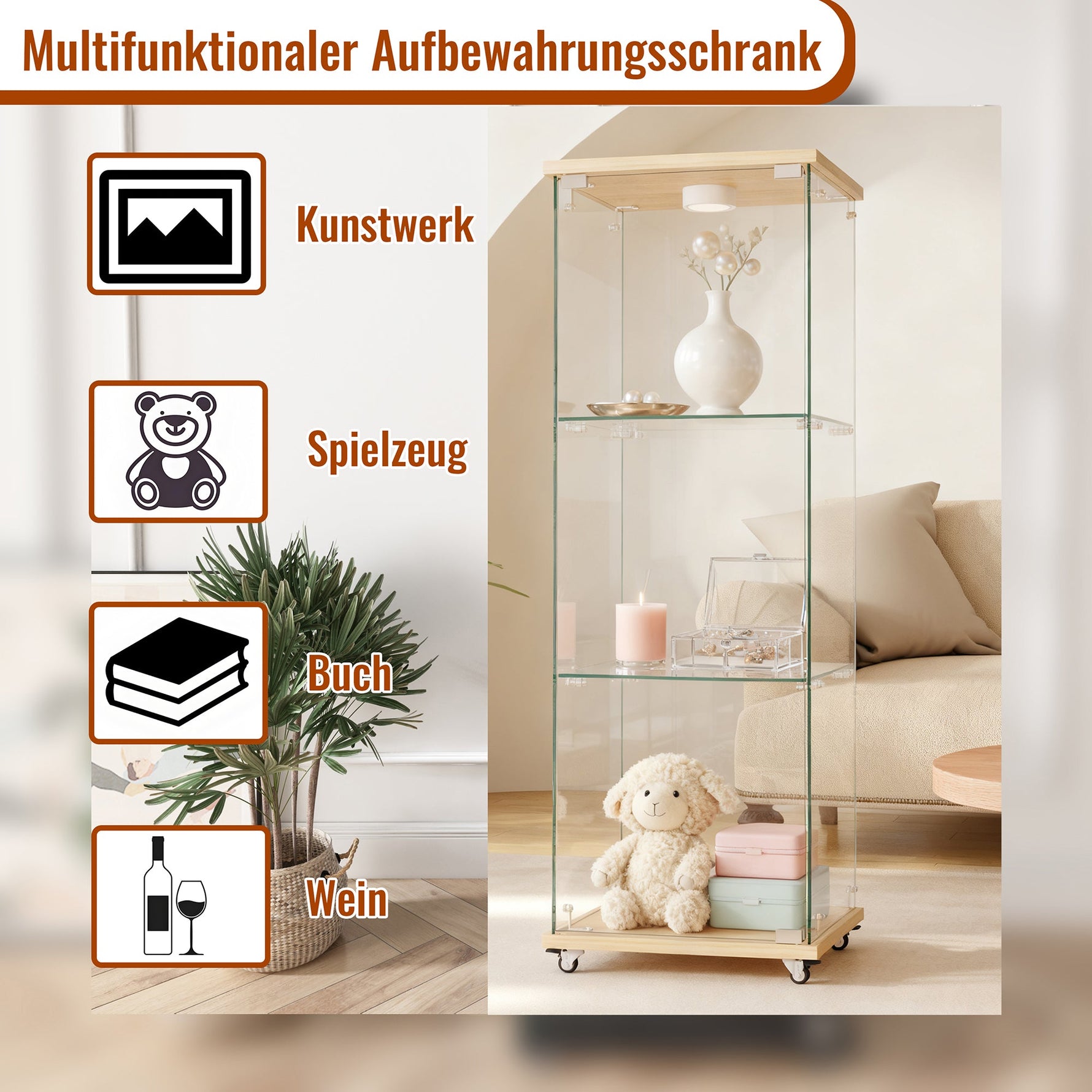 Display Cabinet Modern LED Tempered Glass Single Door 3-Tier - Natural Wood Look