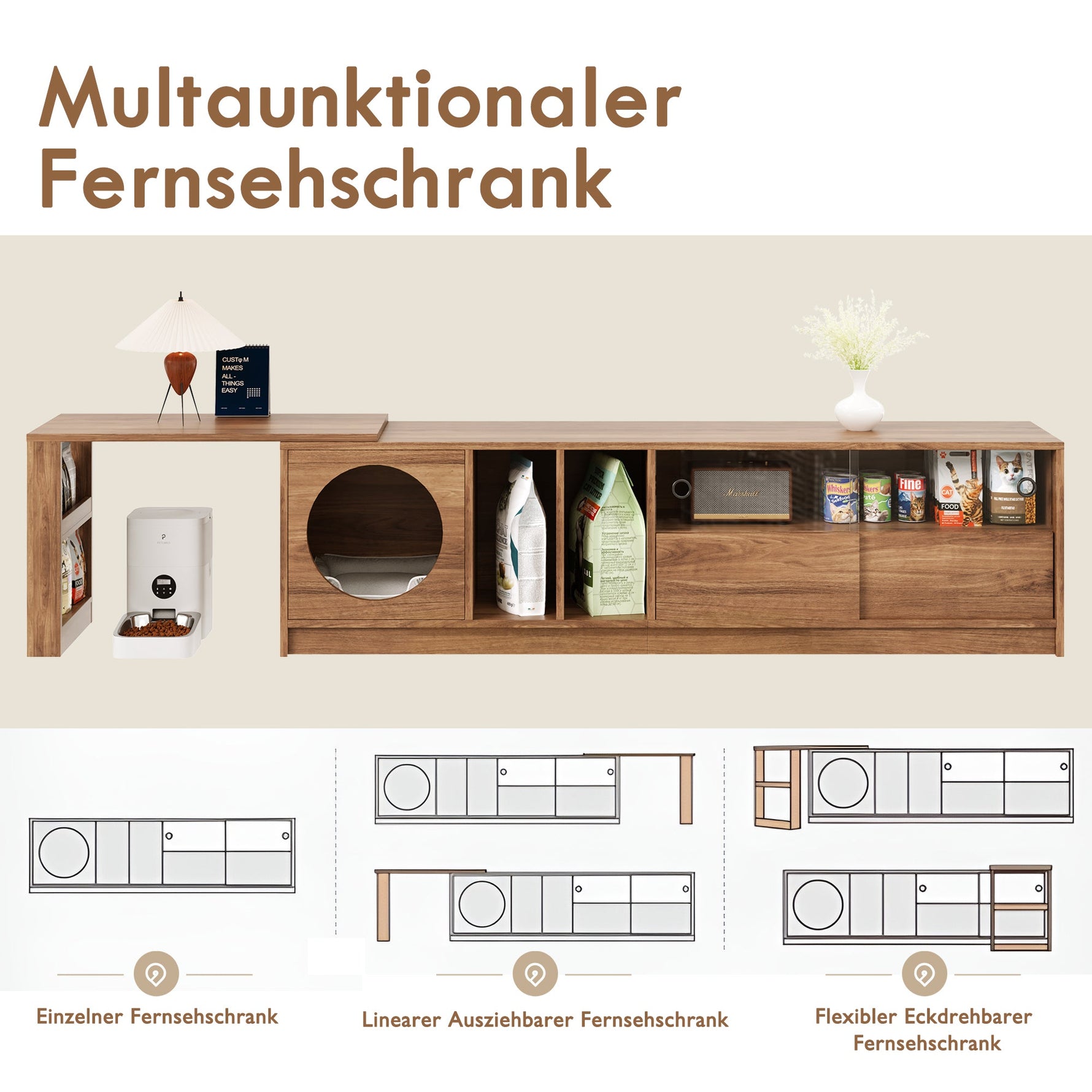 TV Cabinet Coffee Table Set, 2-Piece Rotating Multifunctional Cat Basket, Walnut