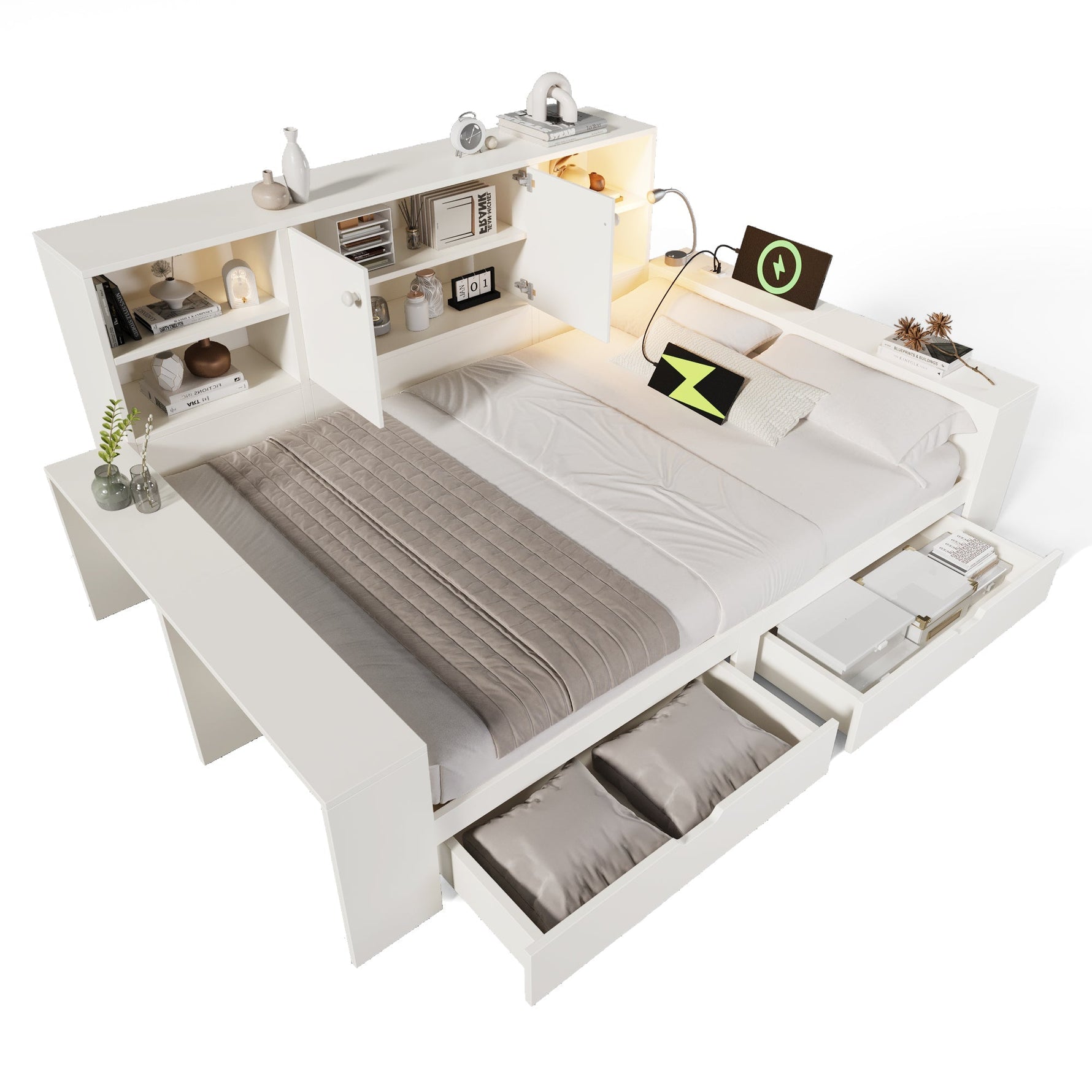 Storage Bed 140x200cm with Drawers, Double Doors and USB/USB-C Ports, White Wood