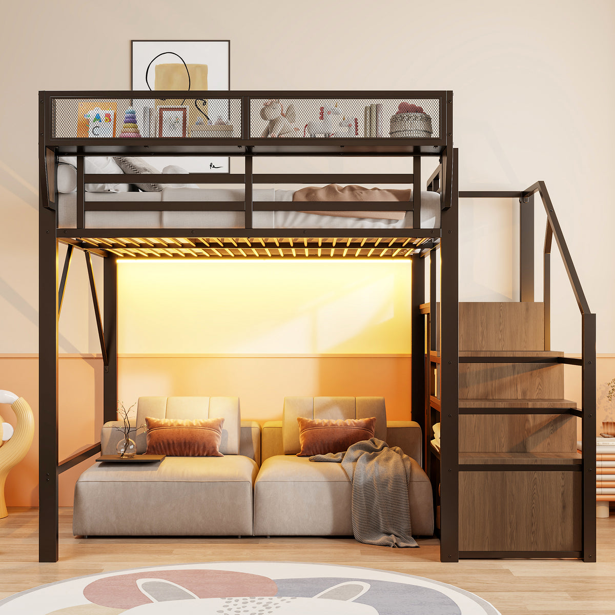 Loft Bed 140x200 with LED Light Strip & Storage, Black