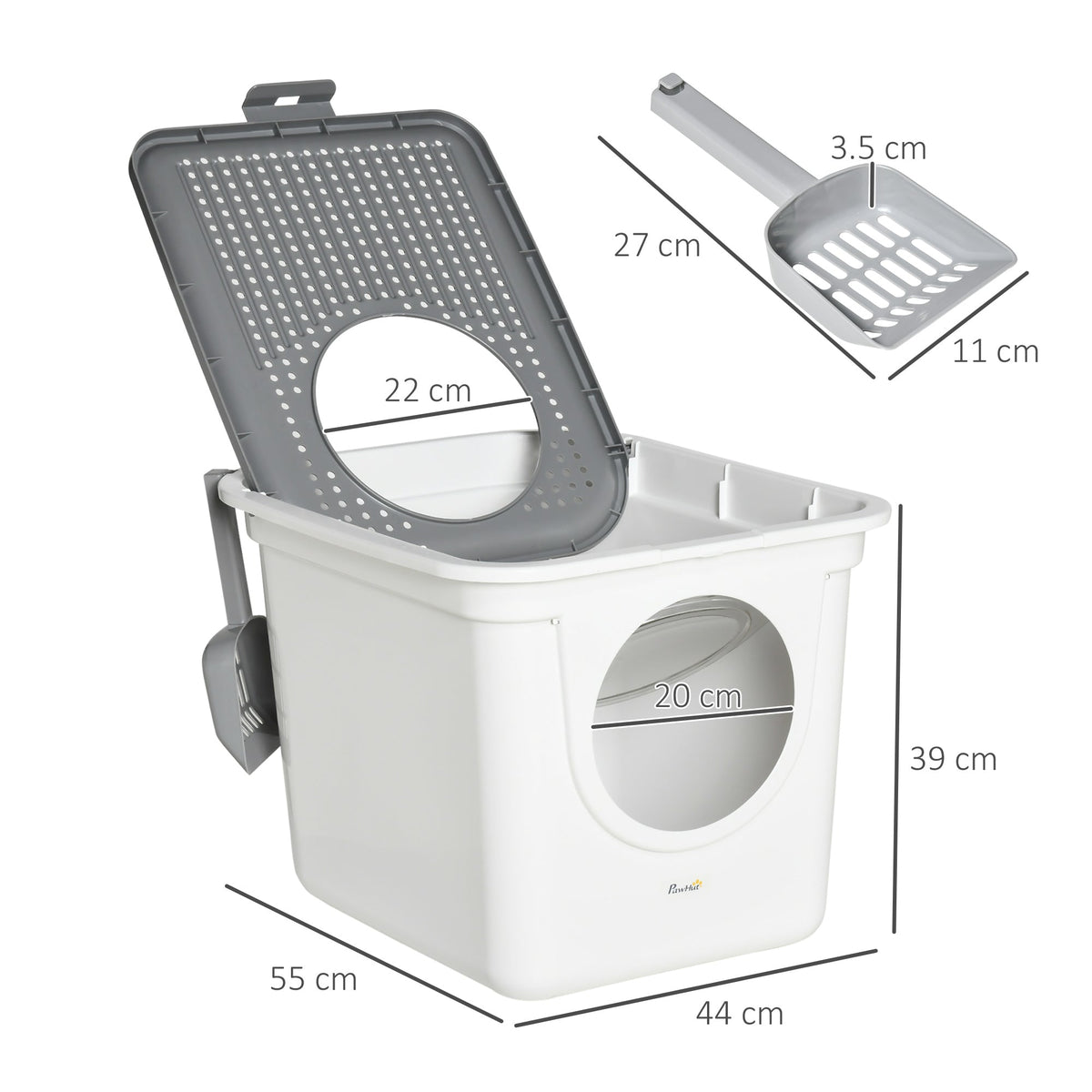 Cat Litter Box Indoor, Lid & Scoop, Grey+White Plastic