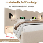 Upholstered Double Bed 160×200, Reading Lamp & USB-C, Storage, Solid Wood & Metal, Beige Linen