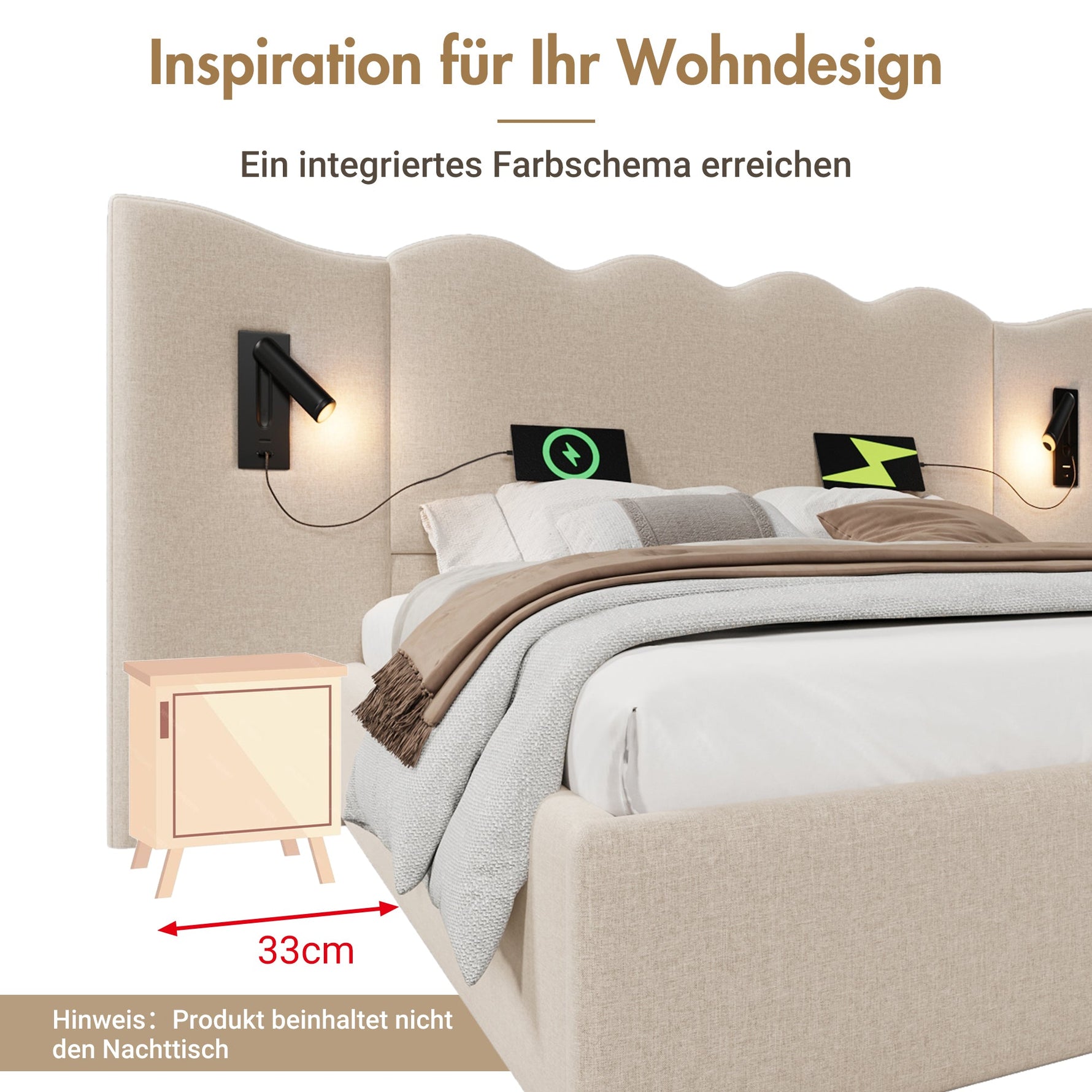 Upholstered Double Bed 160×200, Reading Lamp & USB-C, Storage, Solid Wood & Metal, Beige Linen