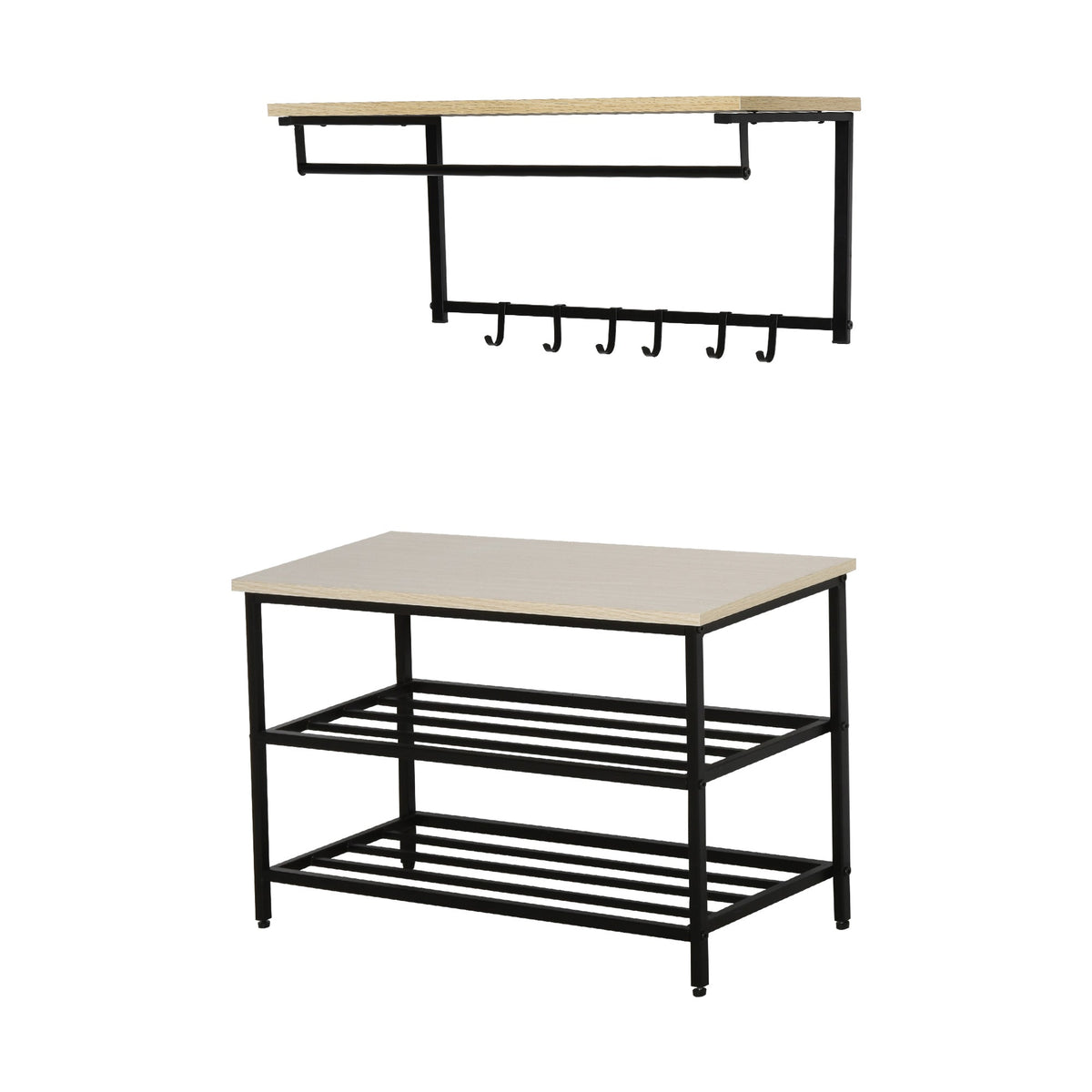 Hallway Wardrobe Set, 2-in-1, Bench & Coat Rack, 6 Hooks, Natural + Black