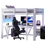 Gaming Loft Bed with Desk, LED Lighting and Charging Station, White Wood