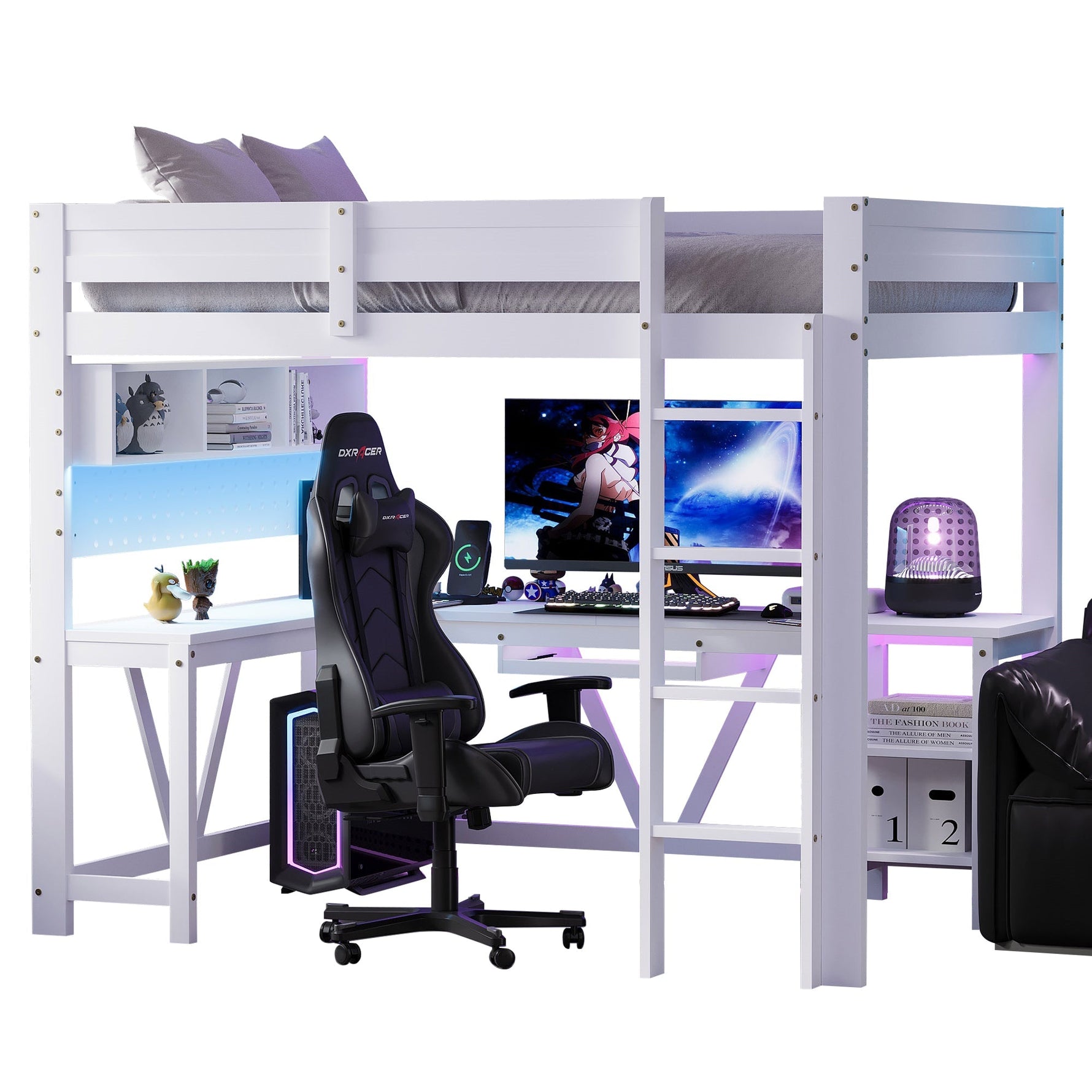 Gaming Loft Bed with Desk, LED Lighting and Charging Station, White Wood