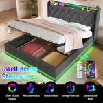 Upholstered Bed, 360 LED Hydraulic Storage with USB, Gray Linen