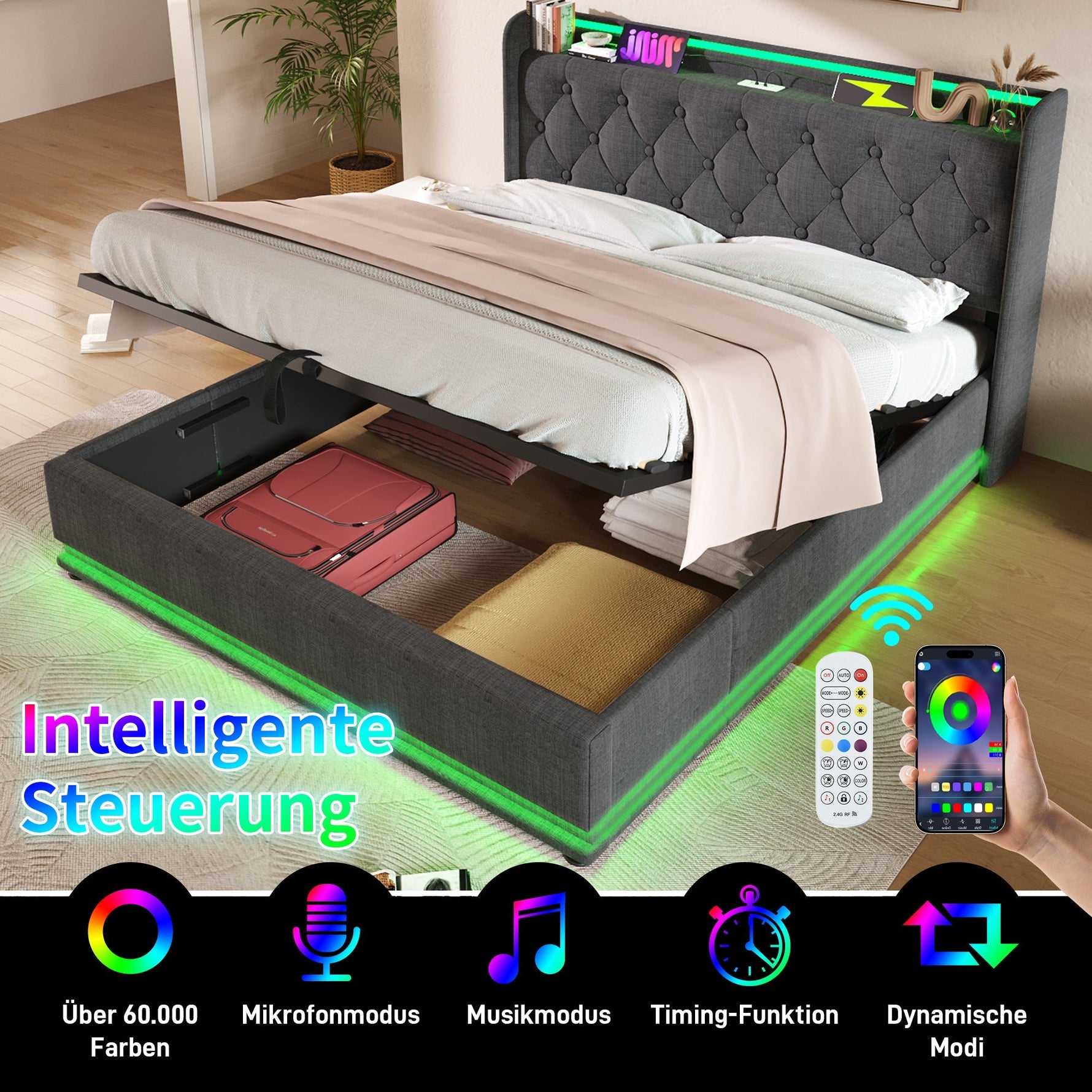 Upholstered Bed, 360 LED Hydraulic Storage with USB, Gray Linen