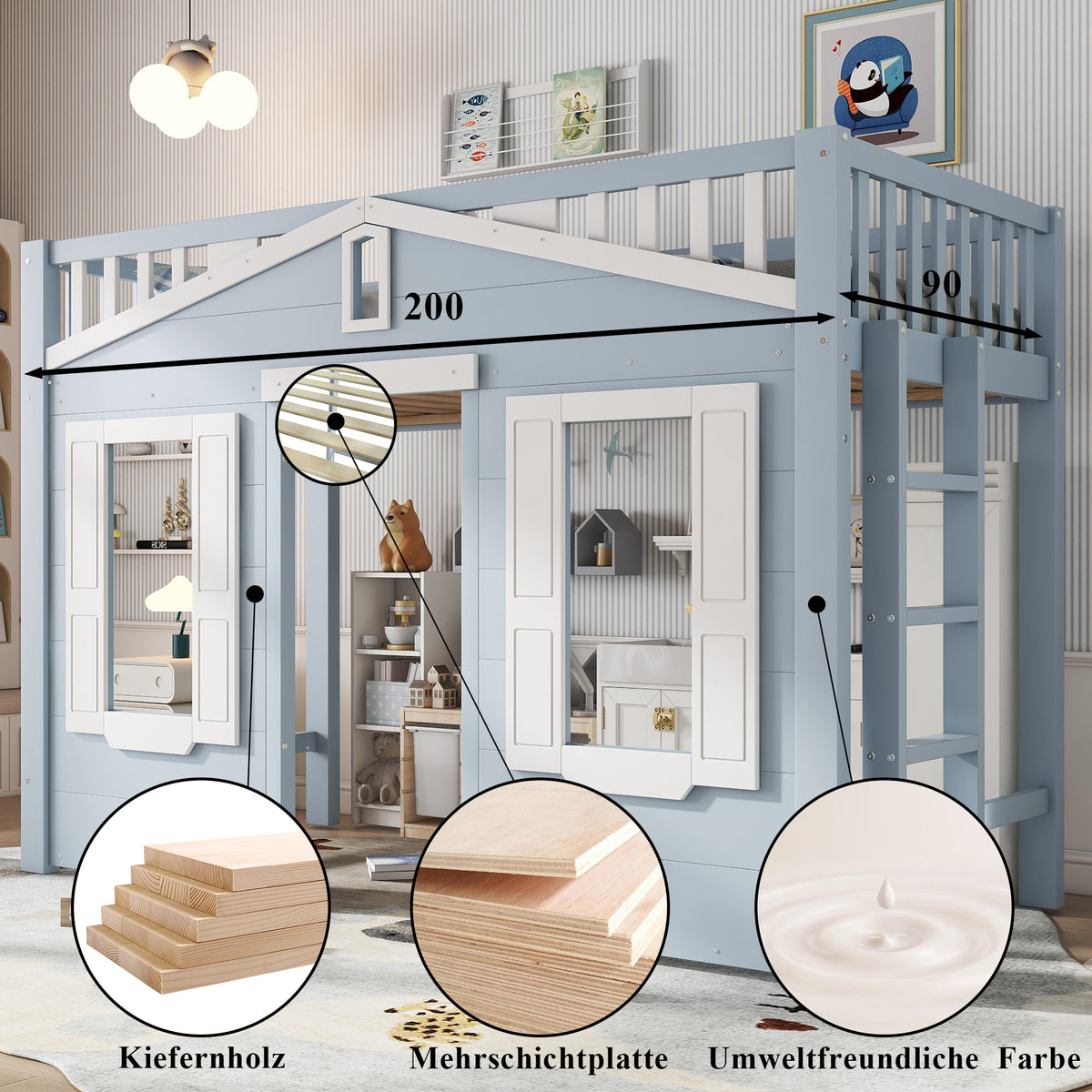 Children's Loft Bed 90x200cm with Ladder & Window, Blue Wood