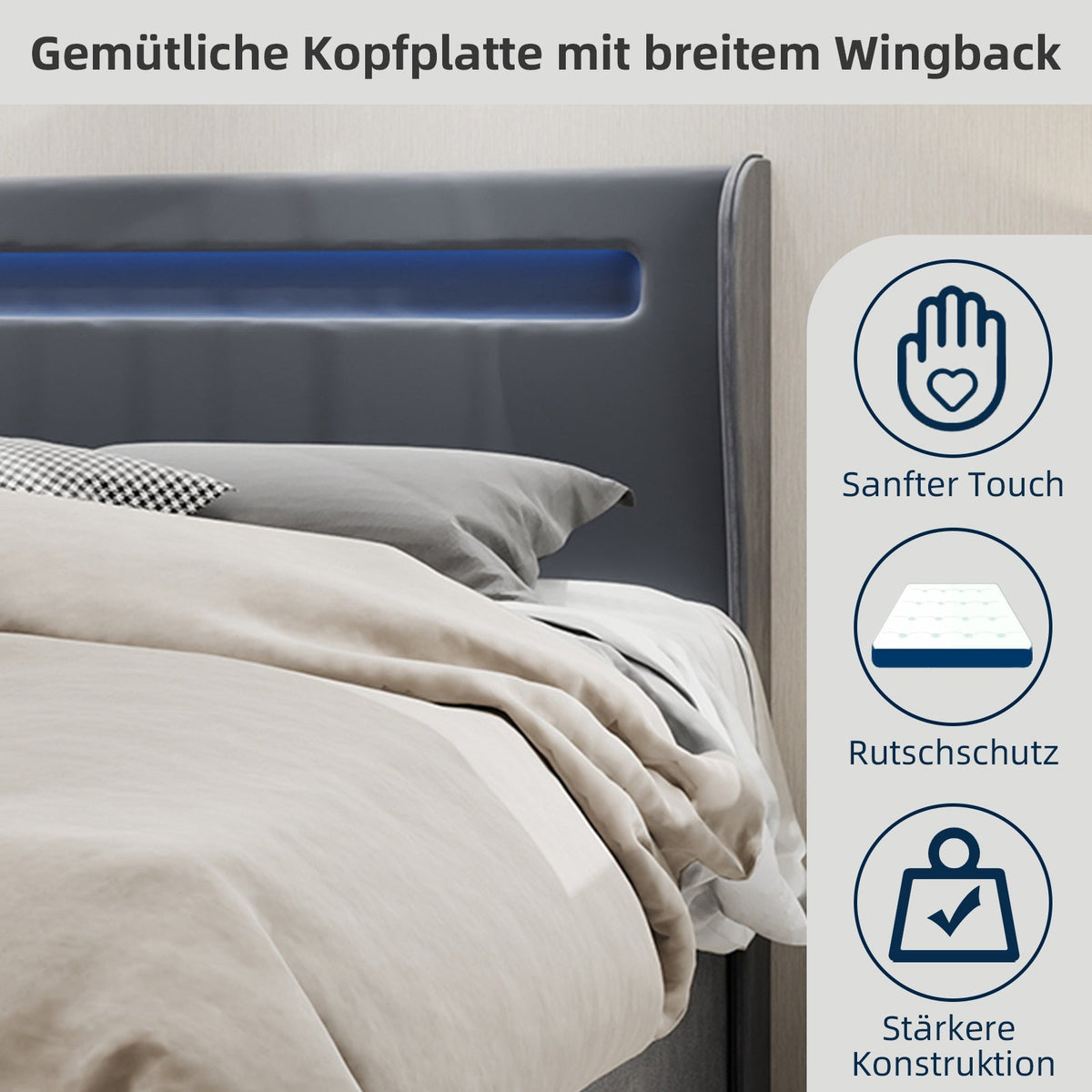 Modern Minimalist Upholstered Bed, LED Headboard, 140x200cm, Grey