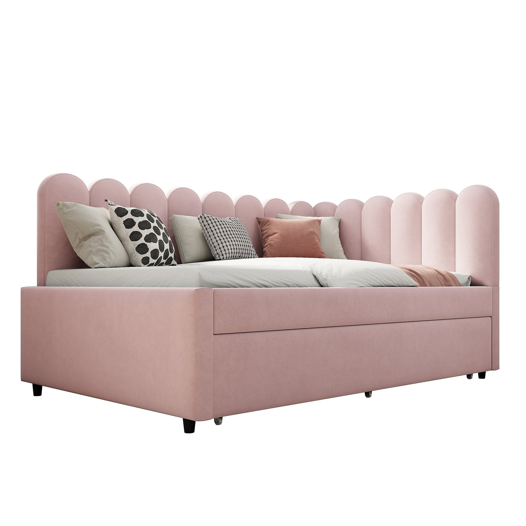 L-shaped Upholstered Bed, Sofa Bed 140x200cm with Pull-Out Bed, Pink Velvet