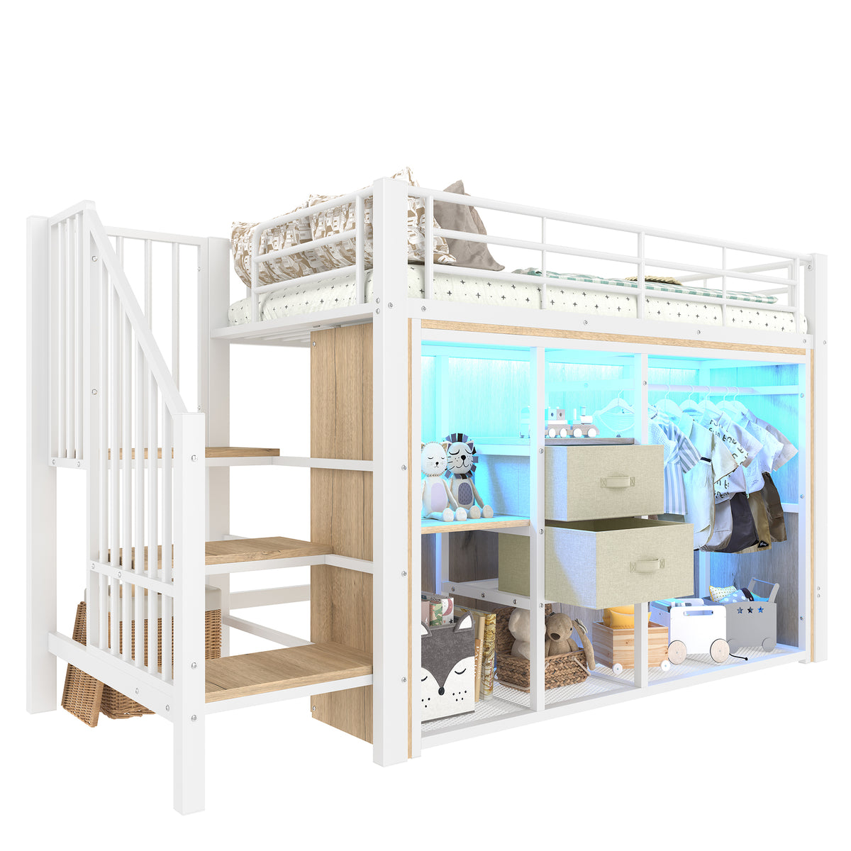 Mid-Height Bed 90x200cm with LED Lighting & Storage, White