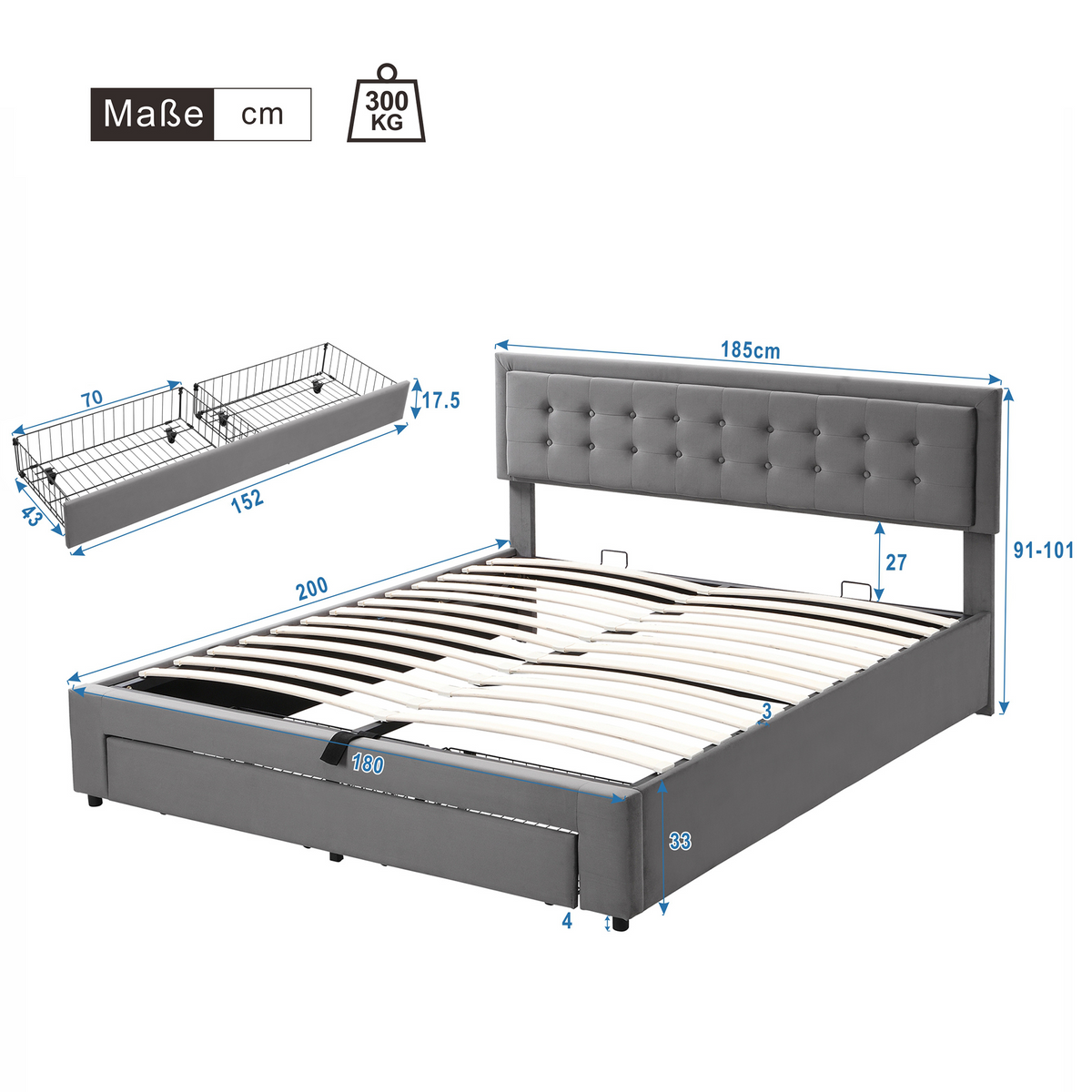 Upholstered Double Bed 180x200 with Storage Drawers, Grey Velvet