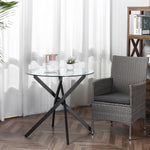 Coffee Table, Round Glass Side Table with Safety Glass, Black Metal Frame