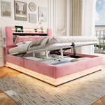 Smart Upholstered Bed 160x200cm with LED & Storage, Pink Velvet
