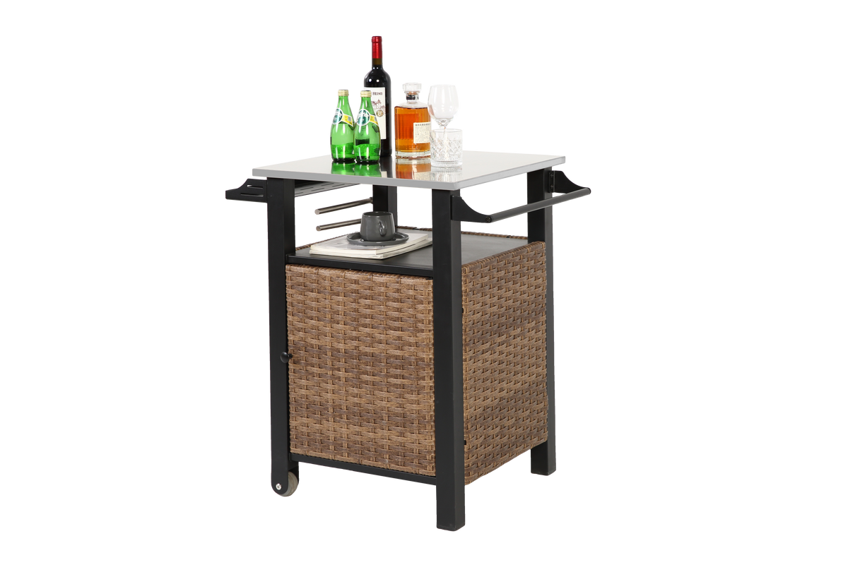Bar Cart, Outdoor Kitchen Wicker Island Rolling with Stainless Steel Top, Brown