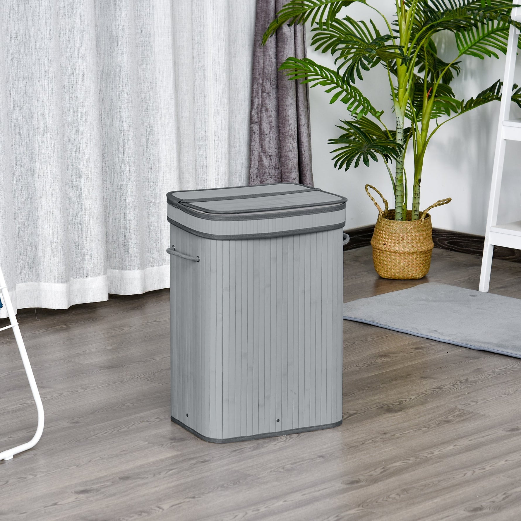 Bamboo Laundry Basket, 70L, Narrow with Lid, Gray